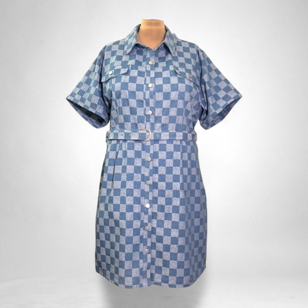 Polagram Blue Checkered Belted Shirt Mini Dress